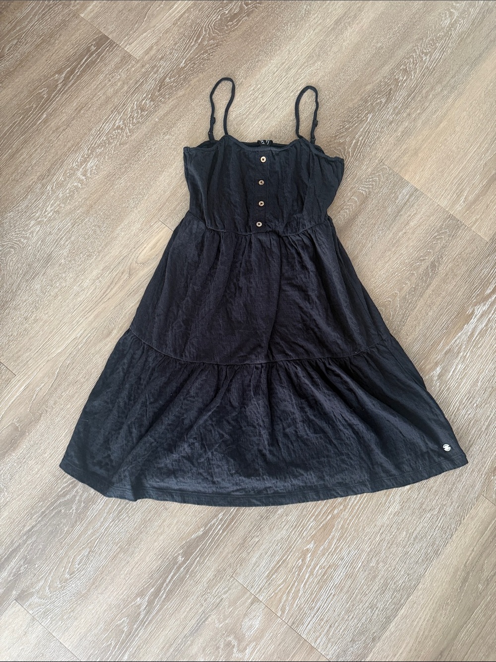 Roxy Black Tiered Spaghetti-Strap Sundress with Button Front